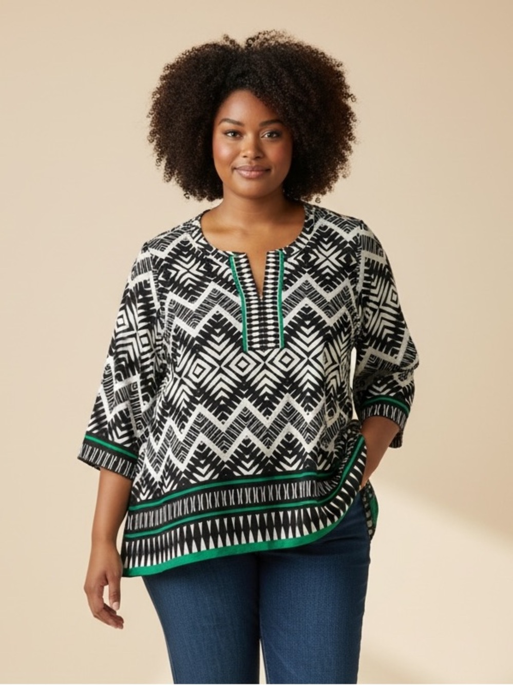 Chico's geometric print tunic top in black, white, and green. Size 3 (XL).